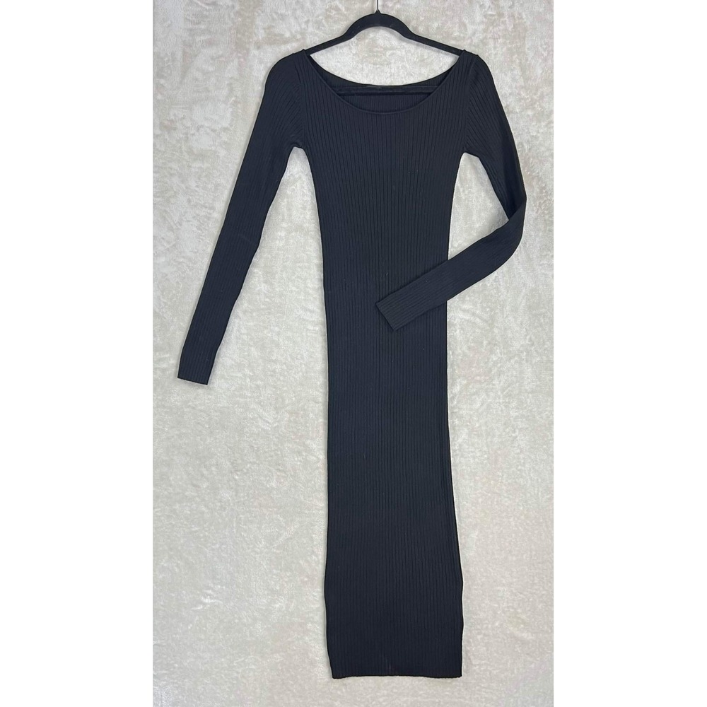 Zara Knit Black Ribbed Long Sleeve Midi Bodycon Dress Small Scoop Neck